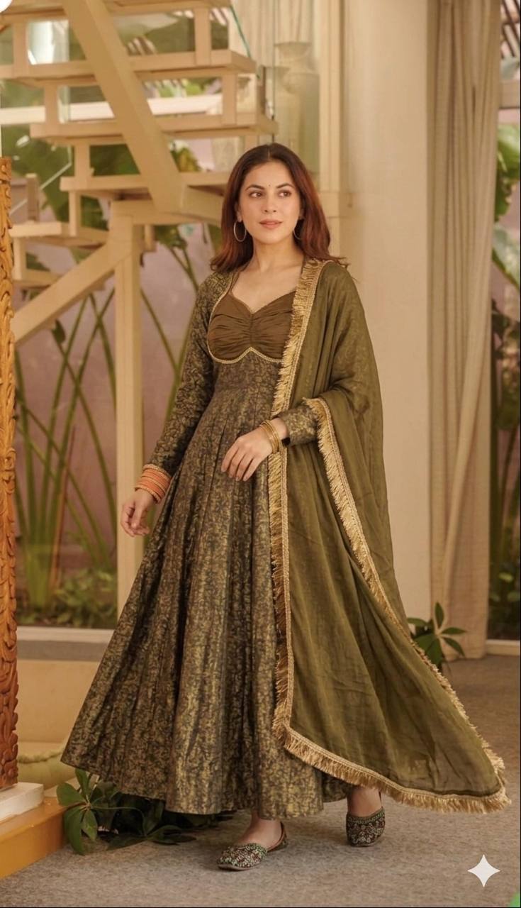 Opulent Mehendi Green Brocade Flared Anarkali Suit Set Featuring a Ruched Sweetheart Neckline, Woven Floral Motifs, and an Elegant Tie-Up Back